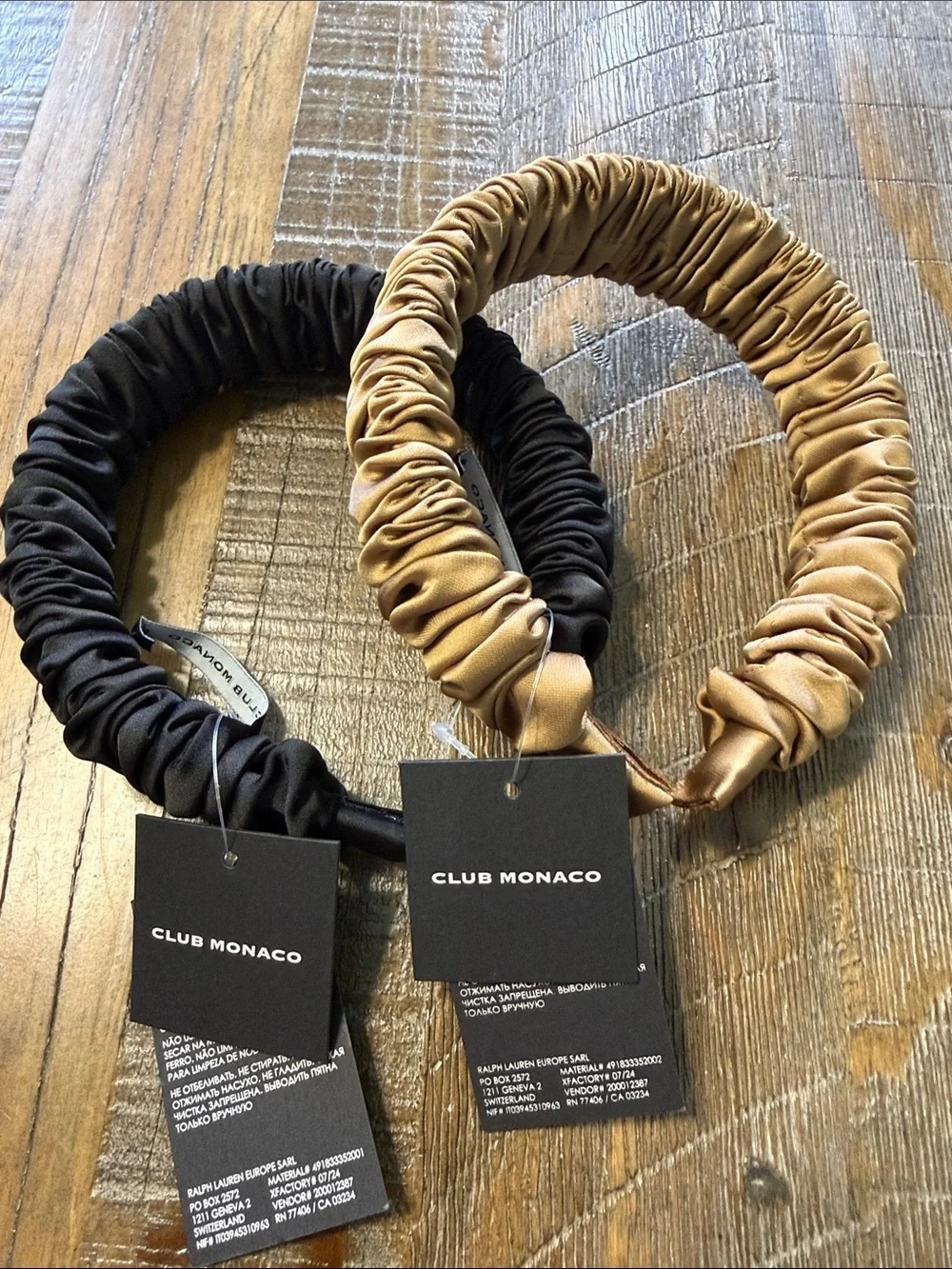 Club Monaco Satin Ruched Headbands in Black and Camel